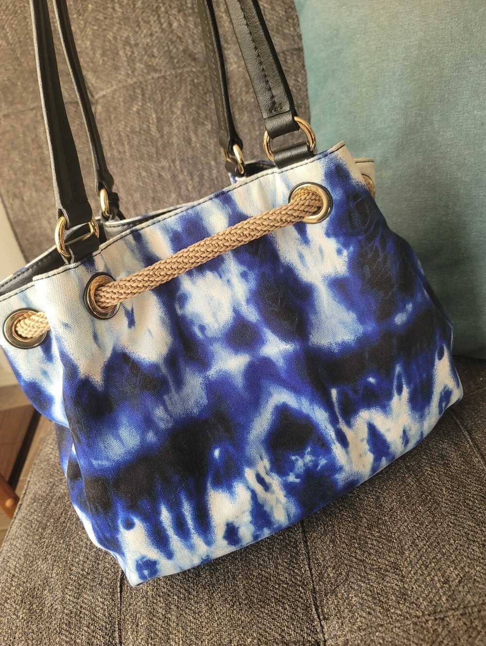 Michael Kors Marina Tie Dye Large Blue Gathered Tote NWT - Picture 14 of 17